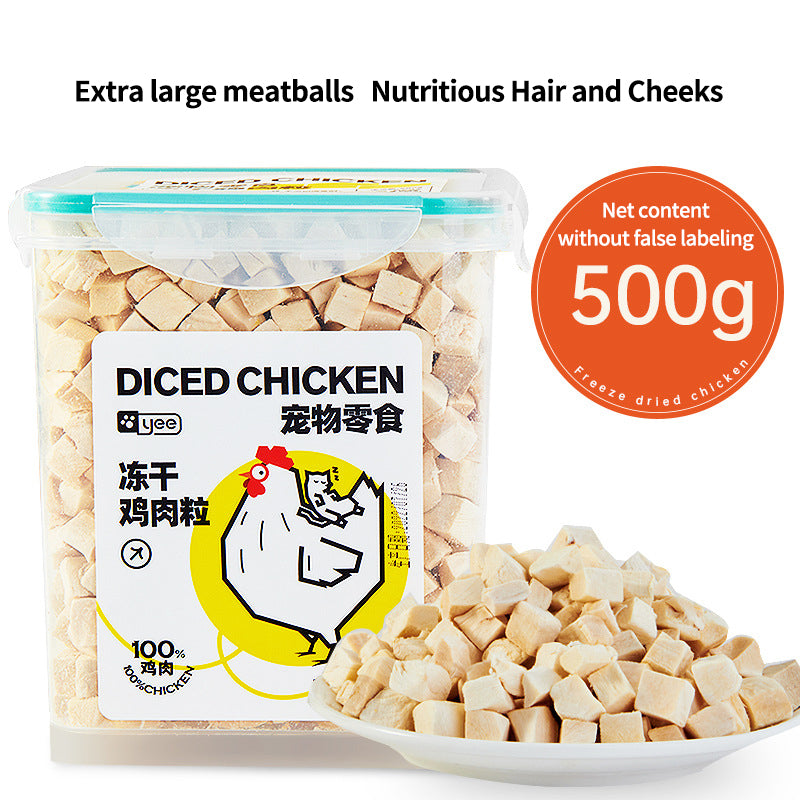 Freeze-dried chicken pet snacks from PetTime, 500g package, showing crispy, golden chicken pieces for dogs or cats.