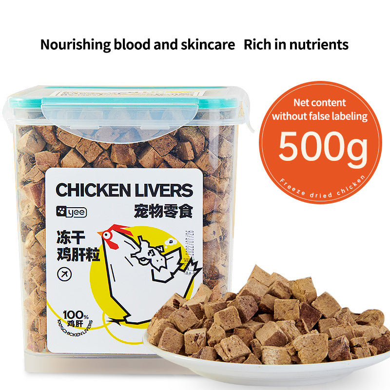 Freeze-dried chicken pet snacks by PetTime in a 500g bag, showing crispy, golden chicken pieces suitable for dogs and cats.