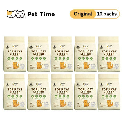 Natural clumping tofu cat litter in a 10-bag value bundle by PetTime, shown in a close-up image of the product packaging.