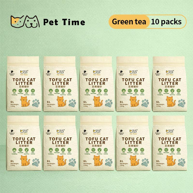 10-bag bundle of PetTime natural clumping tofu cat litter showing bags stacked with clean, white tofu litter visible inside.