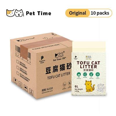Natural clumping tofu cat litter in a 10-bag value bundle by PetTime, shown in a clear, organized display with bags stacked neatly.