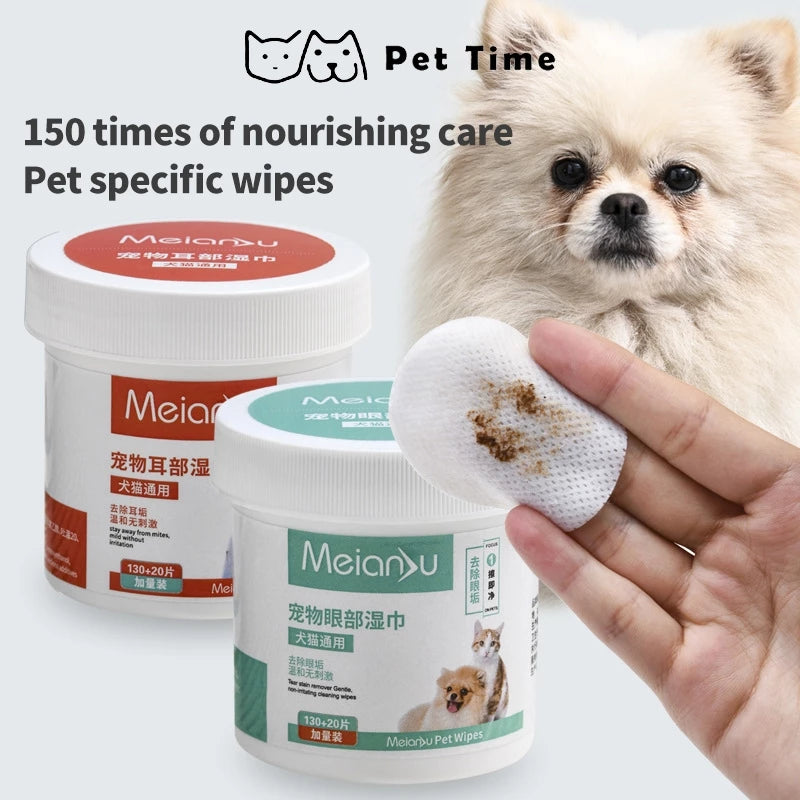 PetTime pet wipe cleaning tools for eye and ear dirt removal, showing soft wipes and tools designed for gentle pet hygiene.