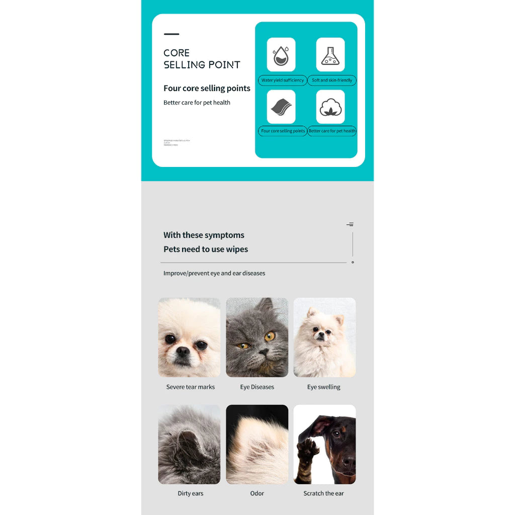 PetTime pet wipe cleaning tools for eye and ear dirt removal, showing soft wipes and applicator tips for gentle cleaning.