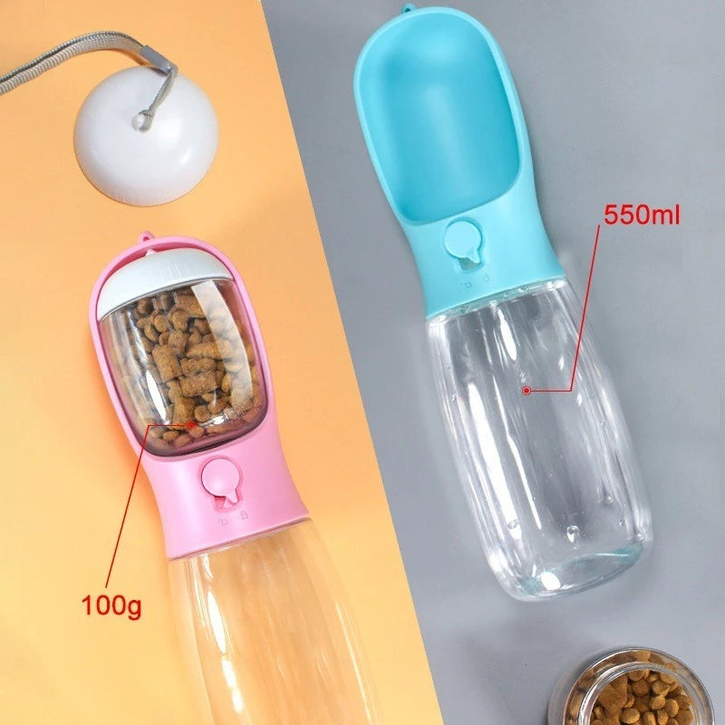 PetTime outdoor 2-in-1 pet water bottle showing a portable water dispenser with a leak-proof design for dogs and cats.