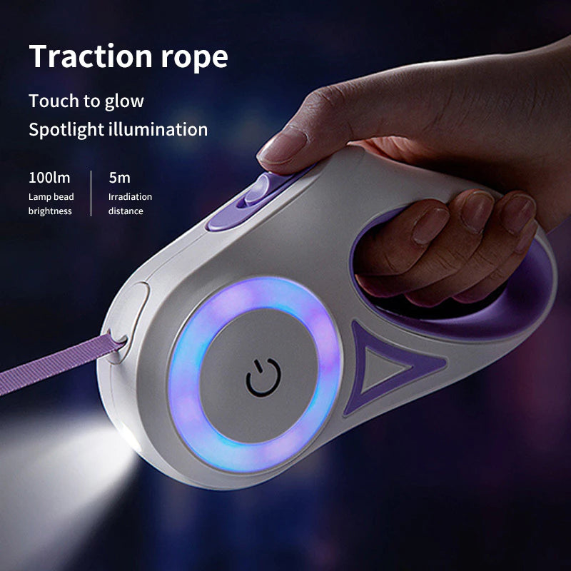 PetTime dog traction rope with automatic telescopic light for walking, featuring adjustable length and illuminated handle.