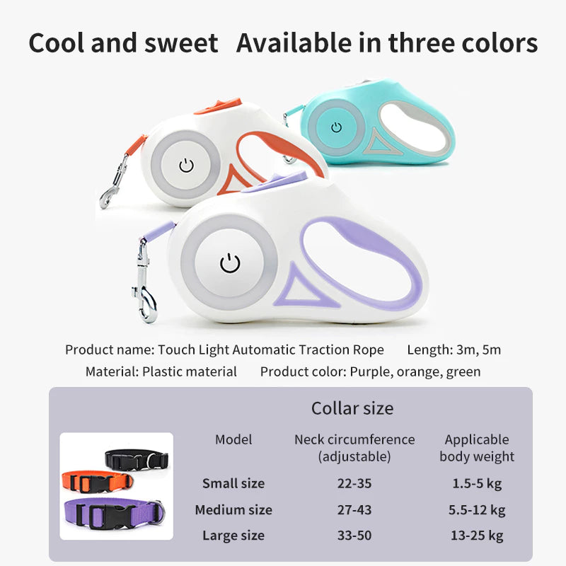 PetTime dog traction rope with automatic telescopic light, adjustable walking leash for safe outdoor walks with pets.