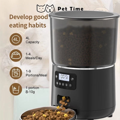 PetTime Smart Pet Feeder 4L automatic cat and dog food dispenser with digital controls and food tray.