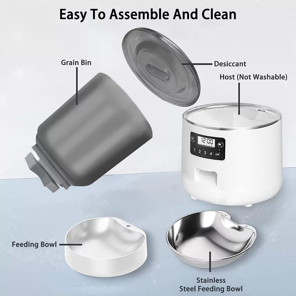 PetTime Smart Pet Feeder with 4L capacity, automatic cat and dog food dispenser, featuring digital controls and portion settings.