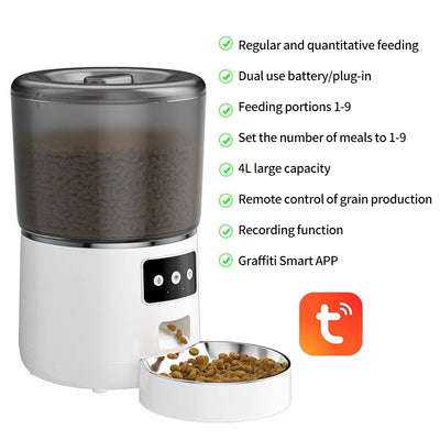 PetTime Smart Pet Feeder 4L automatic cat and dog food dispenser showing digital control panel and food tray in use.