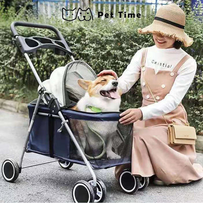 PetTime Kitty Teddy Outdoors foldable pet stroller with mesh sides and adjustable handle for easy outdoor walks with cats or small pets.