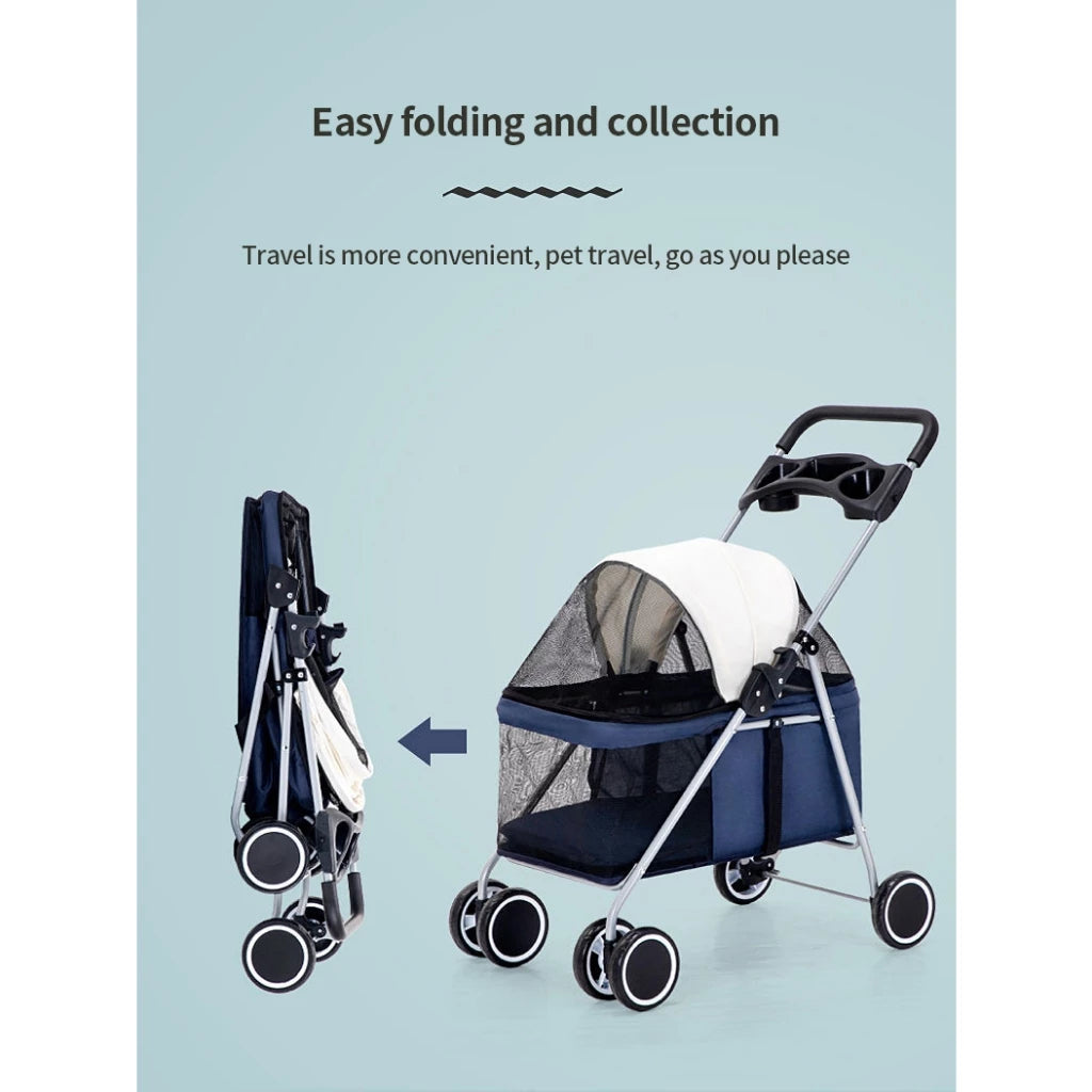 PetTime Kitty Teddy Outdoors foldable pet stroller with mesh sides and adjustable handle for easy outdoor walks with cats.