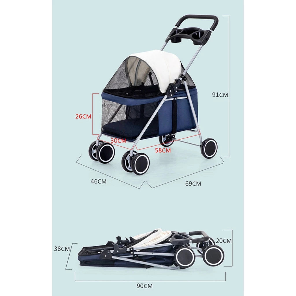 PetTime Kitty Teddy Outdoors foldable pet stroller with mesh sides and adjustable handle for easy outdoor walks with cats.