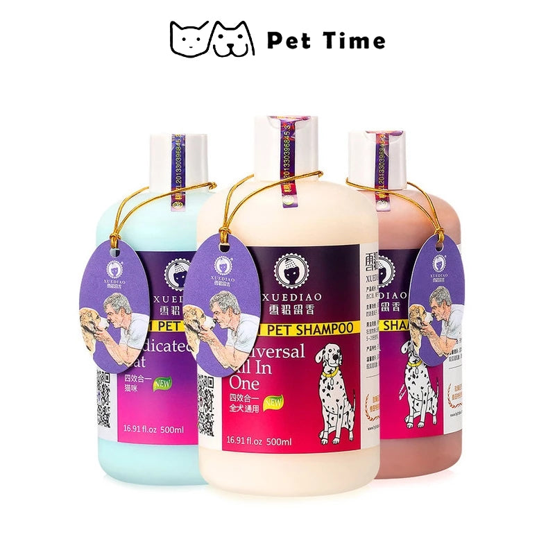 PetTime XUEDIAO dog hair care shower gel with gentle formula, shown in a clear bottle for skin and coat cleansing.
