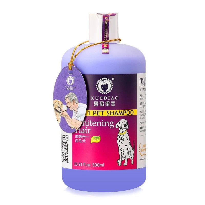 PetTime XUEDIAO dog hair care shower gel with gentle formula for skin and coat cleansing, shown in a clear bottle.