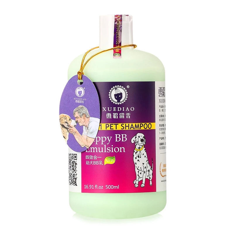 PetTime XUEDIAO dog hair care shower gel with gentle formula for skin and coat cleaning, shown in a clear bottle with a pump dispenser.