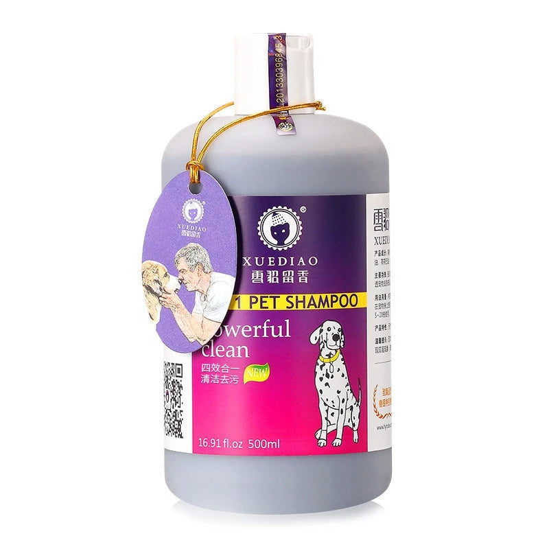 PetTime XUEDIAO dog hair care shower gel with gentle formula for skin and coat cleansing, shown in a clear bottle.