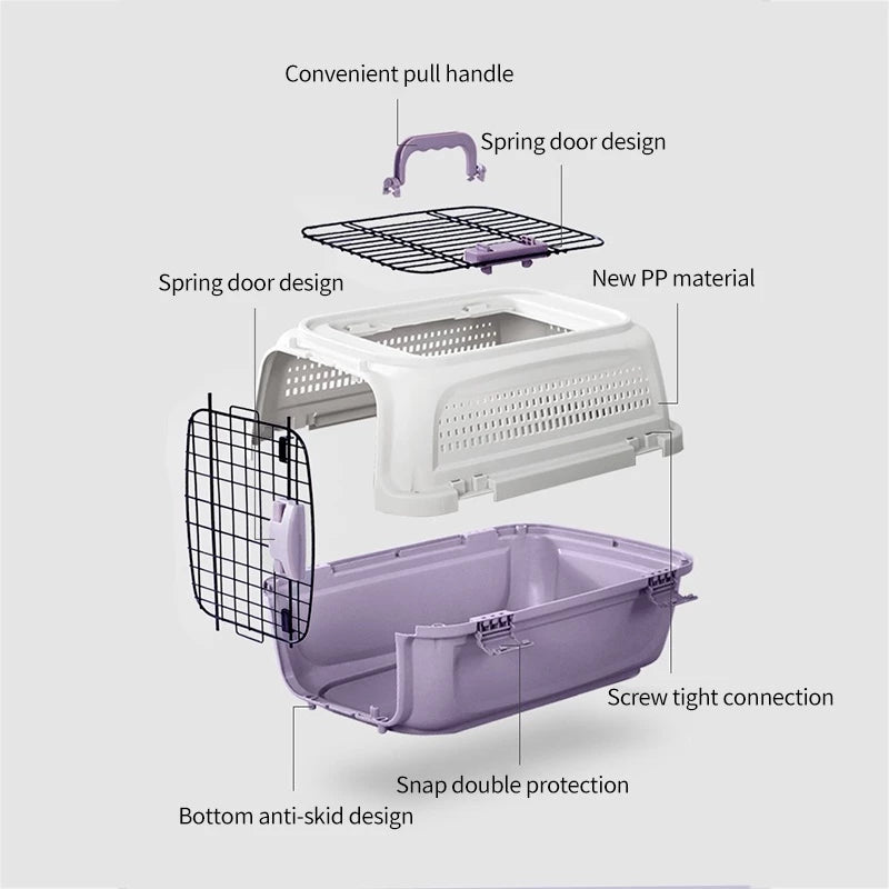 Portable PetTime cat cage with secure door and ventilation, designed for easy transport and safe containment of cats.