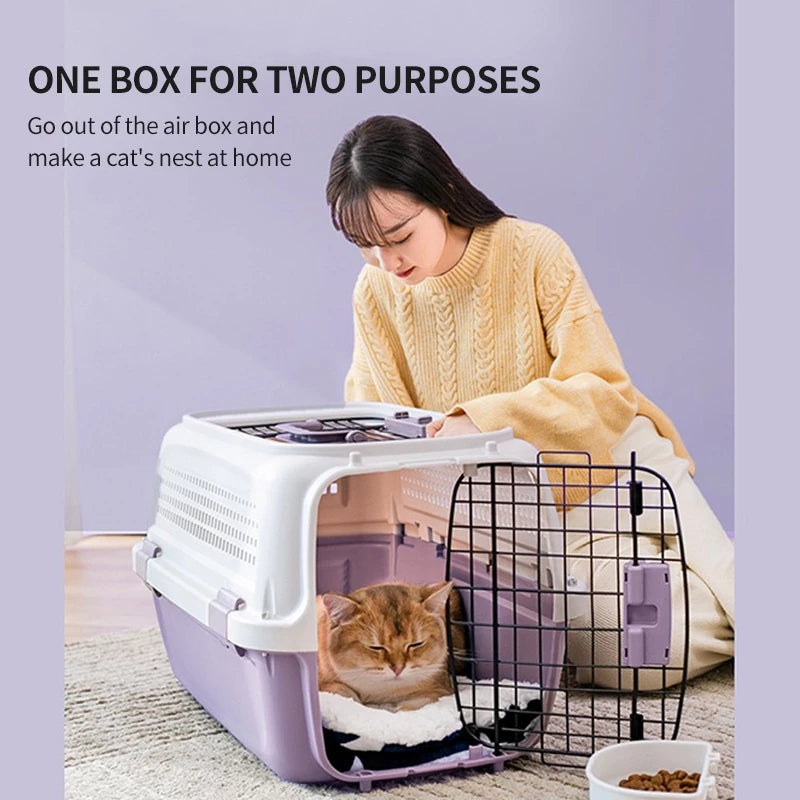 Portable PetTime cat cage with metal bars and plastic base, suitable for travel and safe containment of cats.