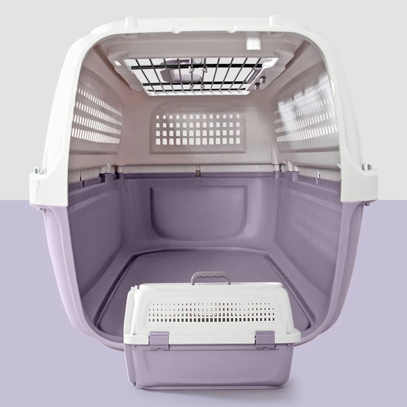 Portable PetTime cat cage with metal bars and door, designed for easy transport and secure containment of cats.