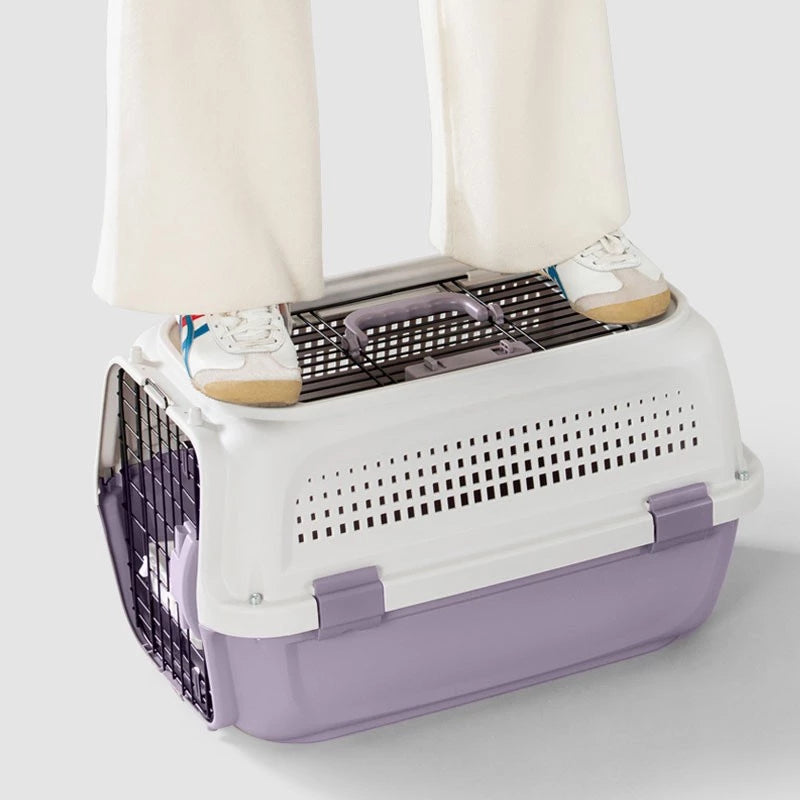 Portable PetTime cat cage with secure wire mesh sides and handle for easy transport, ideal for travel or temporary confinement.