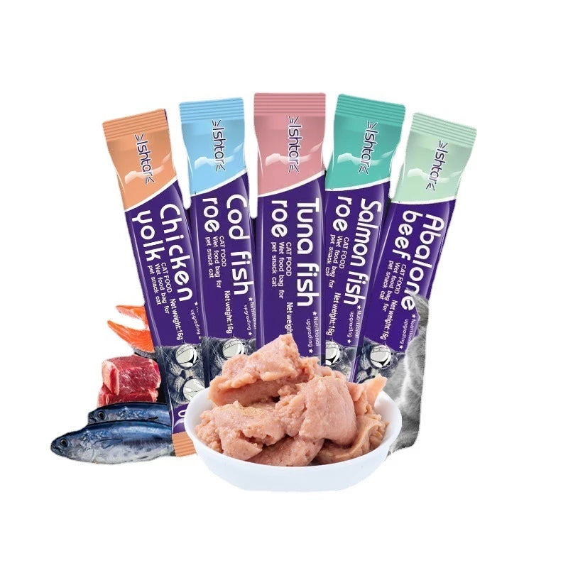 PetTime Ishtar Cat Nutritional Snack Stick, a close-up of the cat treat showcasing its texture and packaging.