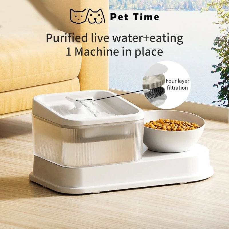 PetTime multifunctional automatic water dispenser for pets with a water bowl and filtration system, shown in a home setting.