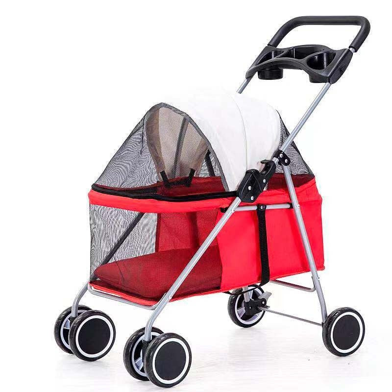 （Pet Time）Kitty Teddy outdoors Pet Stroller Foldable Dog Cat Carrier 4 Wheel Lightweight Trolley Foldable Pet Stroller