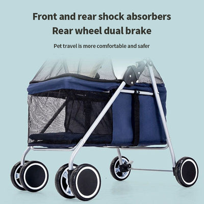 （Pet Time）Kitty Teddy outdoors Pet Stroller Foldable Dog Cat Carrier 4 Wheel Lightweight Trolley Foldable Pet Stroller
