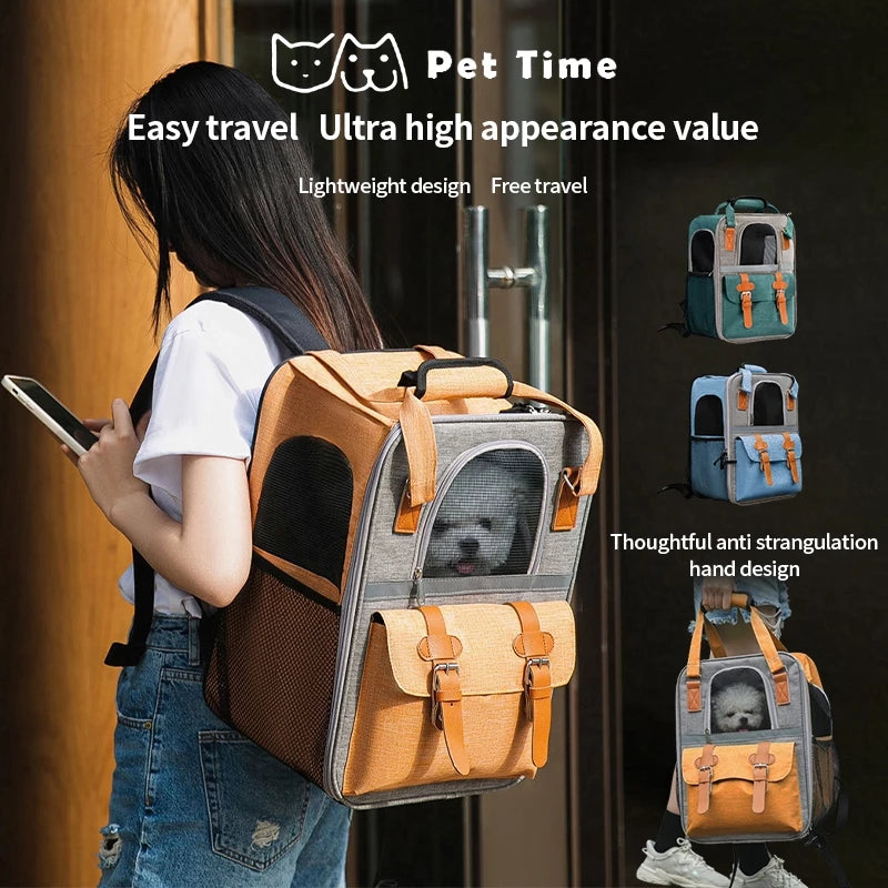 Large-capacity PetTime reflective portable pet backpack with adjustable straps and breathable mesh for comfortable outdoor use.