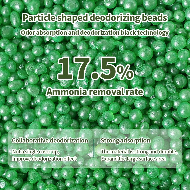 PetTime cat litter deodorizing beads in a clear container, showing small white bead pellets designed to control odors in litter boxes.