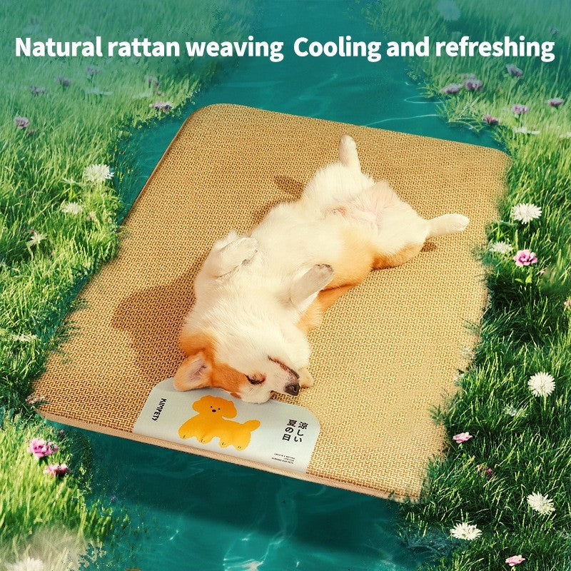 （Pet Time）Pet Cooling Mat Breathable Waterproof Rattan Sleeping Pad Scratch-Resistant Bed for Cats & Dogs
