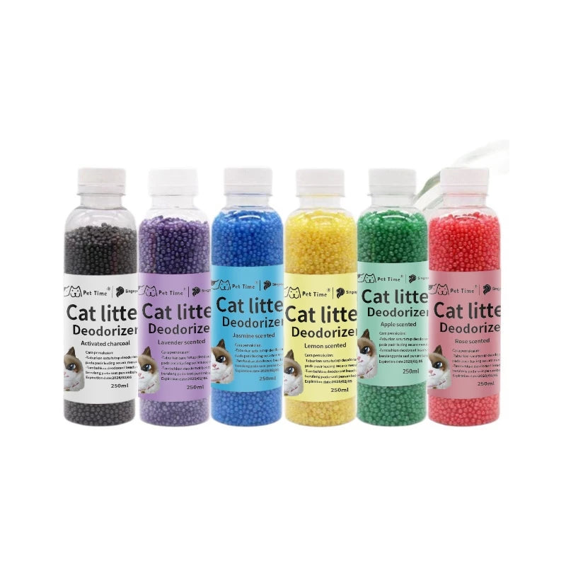 PetTime cat litter deodorizing beads in a clear container, showing small bead clusters for odor control and freshness.