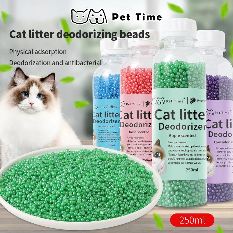 PetTime cat litter deodorizing beads in a jar, showing the small aromatic beads designed to control odors in cat litter boxes.