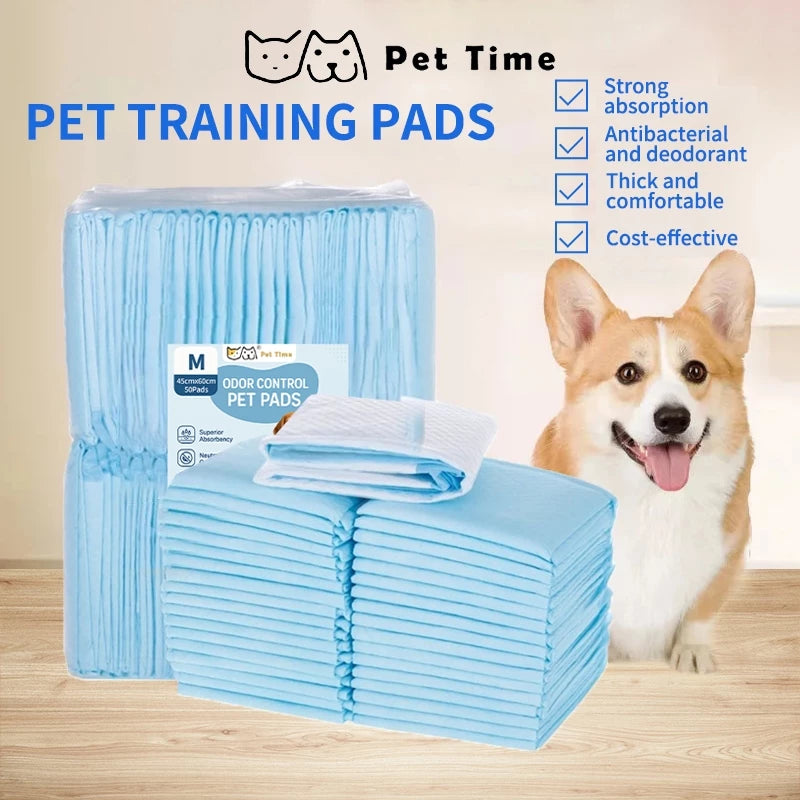 PetTime disposable pet training pads with absorbent surface, designed for indoor puppy housebreaking and leak protection.