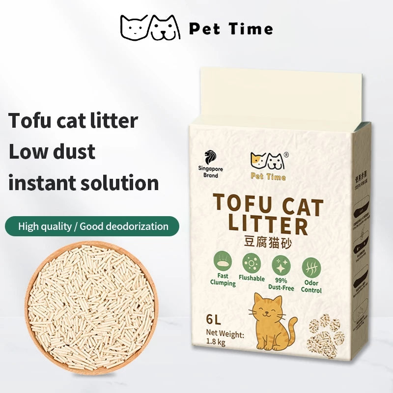 PetTime Tofu Cat Litter 1.8kg with deodorising and low dust features, shown in a cat house setting.